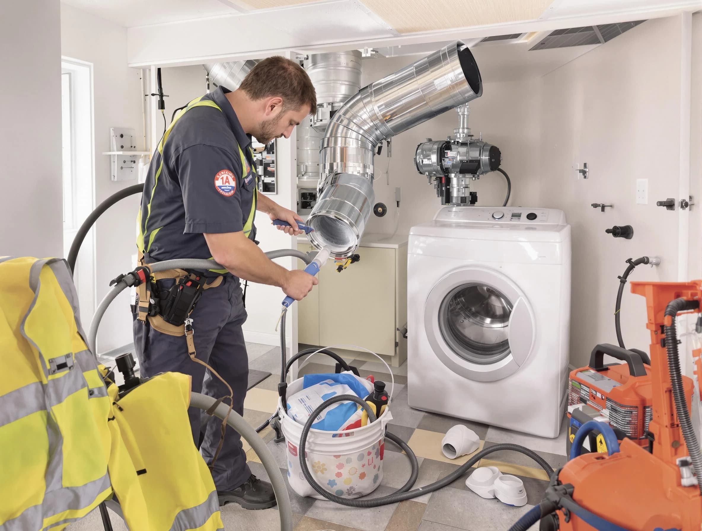 Whittier Dryer Vent Cleaning technician using specialized equipment to clear severe dryer vent blockage in Whittier